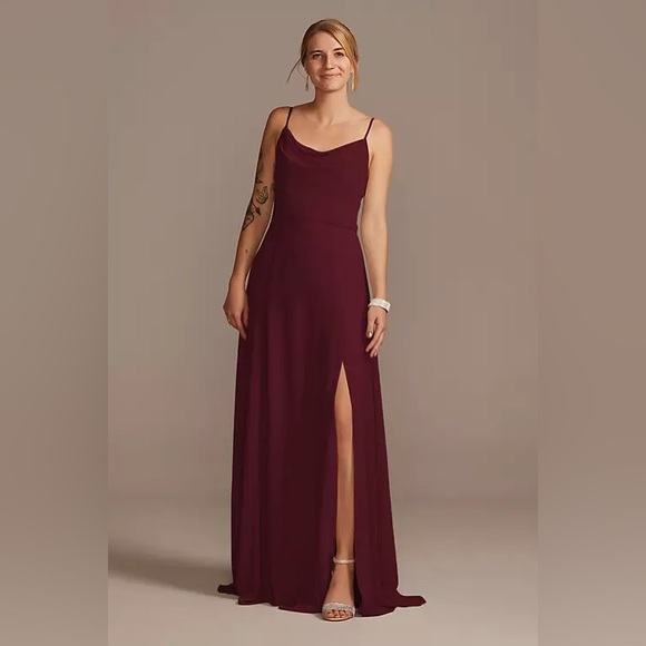 DAVID’S BRIDAL COWL NECK CHIFFON BRIDESMAID DRESS W/ SLIT - Picture 2 of 3